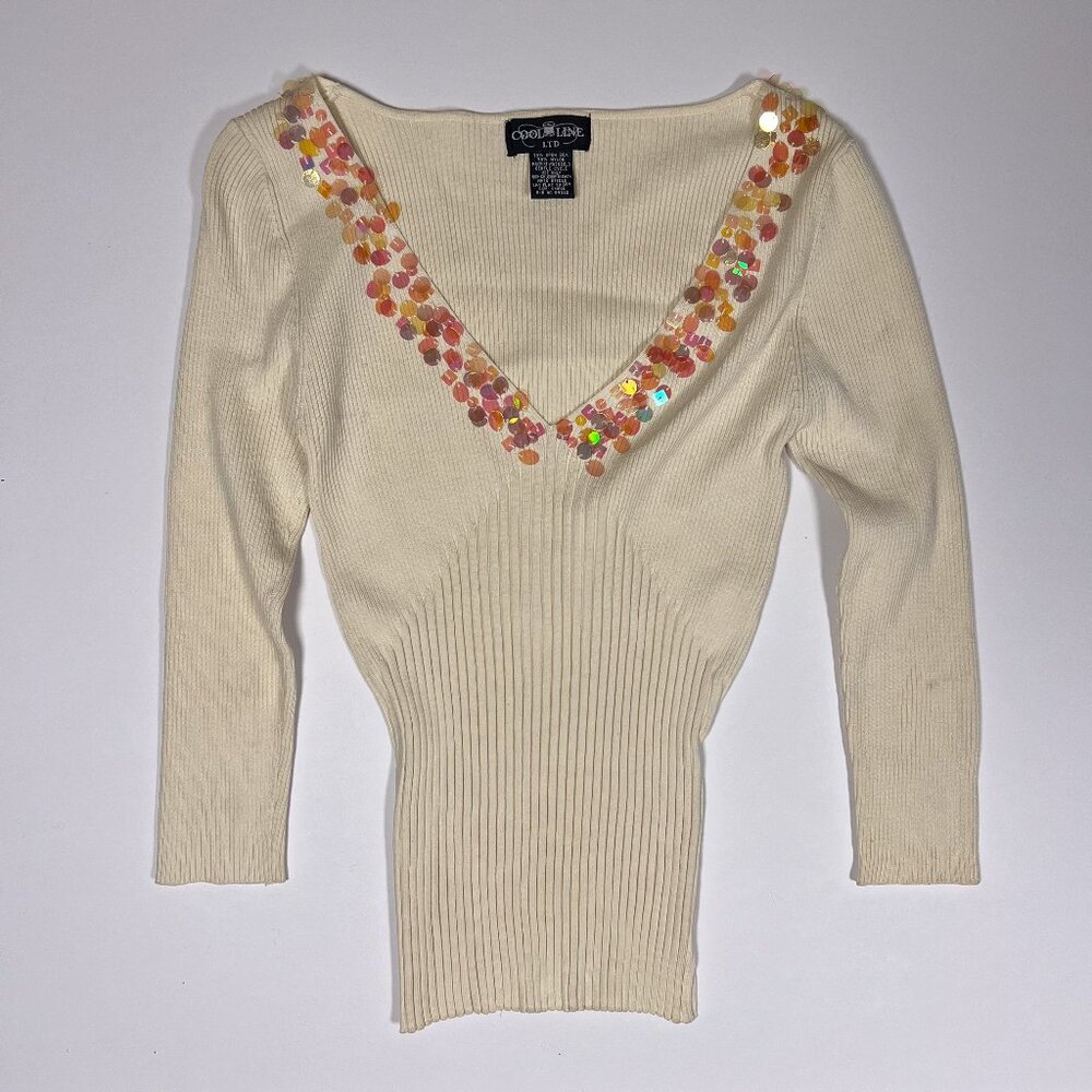 Y2K Vintage Cream Sequin Embellished Ribbed Top by Cool Line LTD